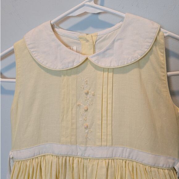 Strasburg Girls Sz 6Y Pale Yellow Linen Blend Embroidered Peter Pan Collar Dress - Picture 2 of 6